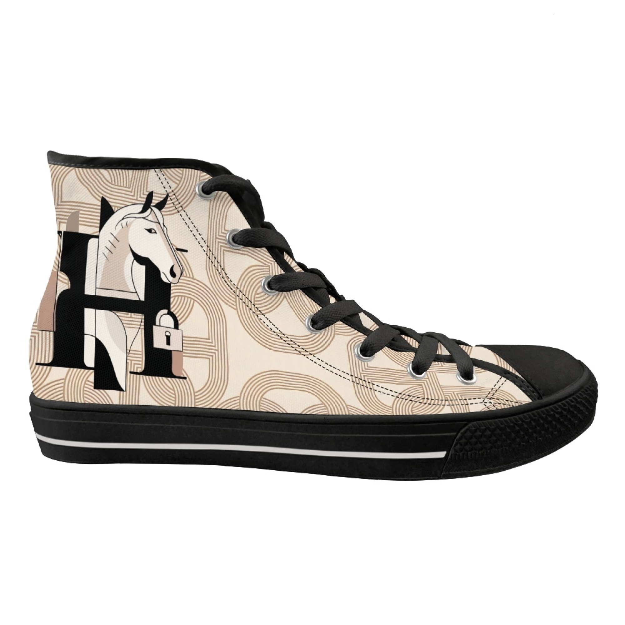 Custom Designer H High Top Canvas Sneakers Luxury Horse Pattern Canvas Shoes Lace up White Black Sneakers Casual Walking Shoes Unisex H6