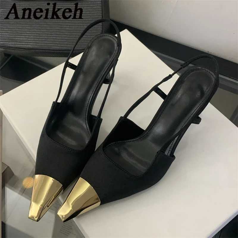 Aneikeh Street Style Sexy Pointed Toe Slingbacks Pumps Women Stripper Sandals High Heels Female Banquet Shoes Brown Kitten Heels Z251218