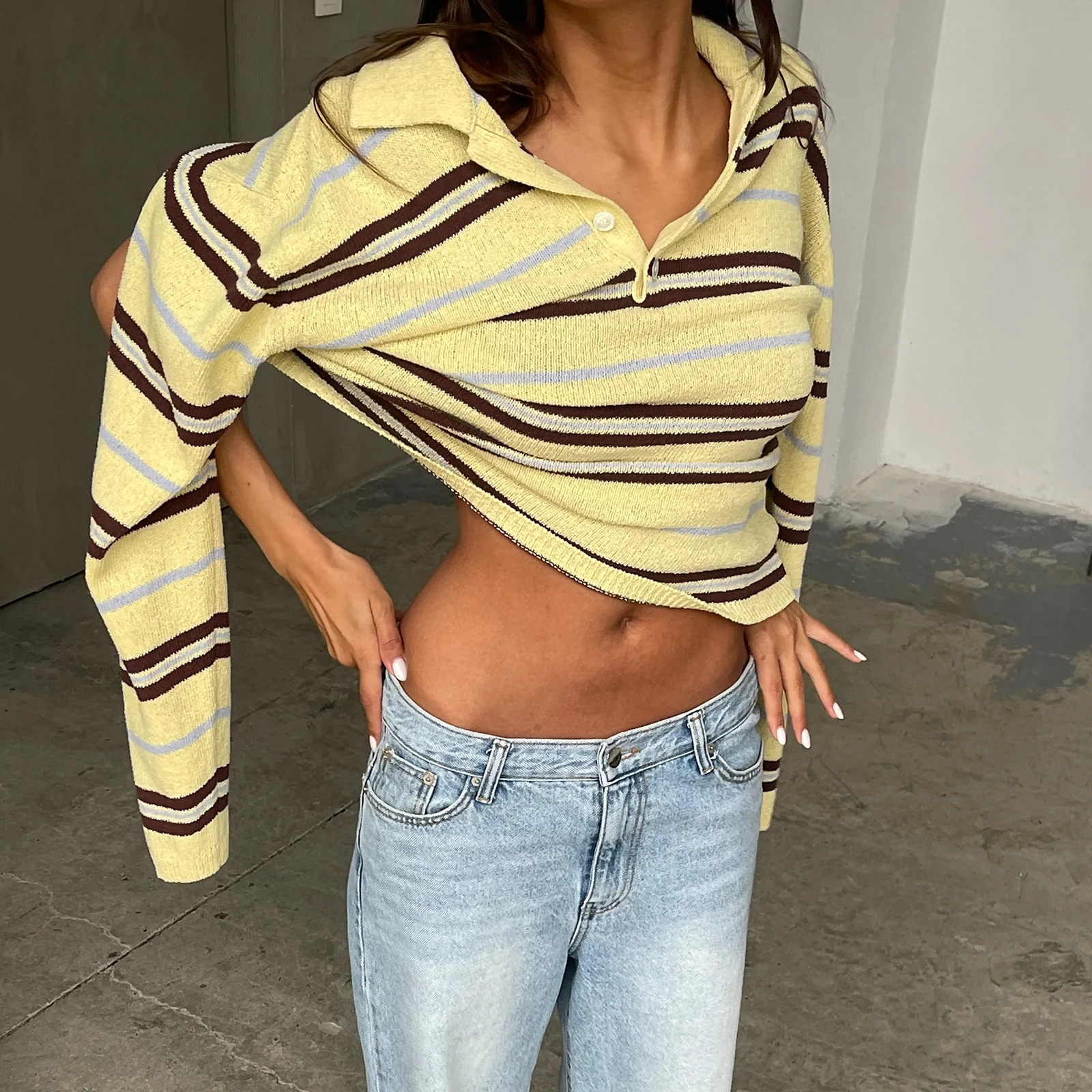 Fashion Womens Fall Winter Knit Tops Loose Fit Casual Stylish Striped Ribbed Trim Long Sleeve Collared Sweater 251217