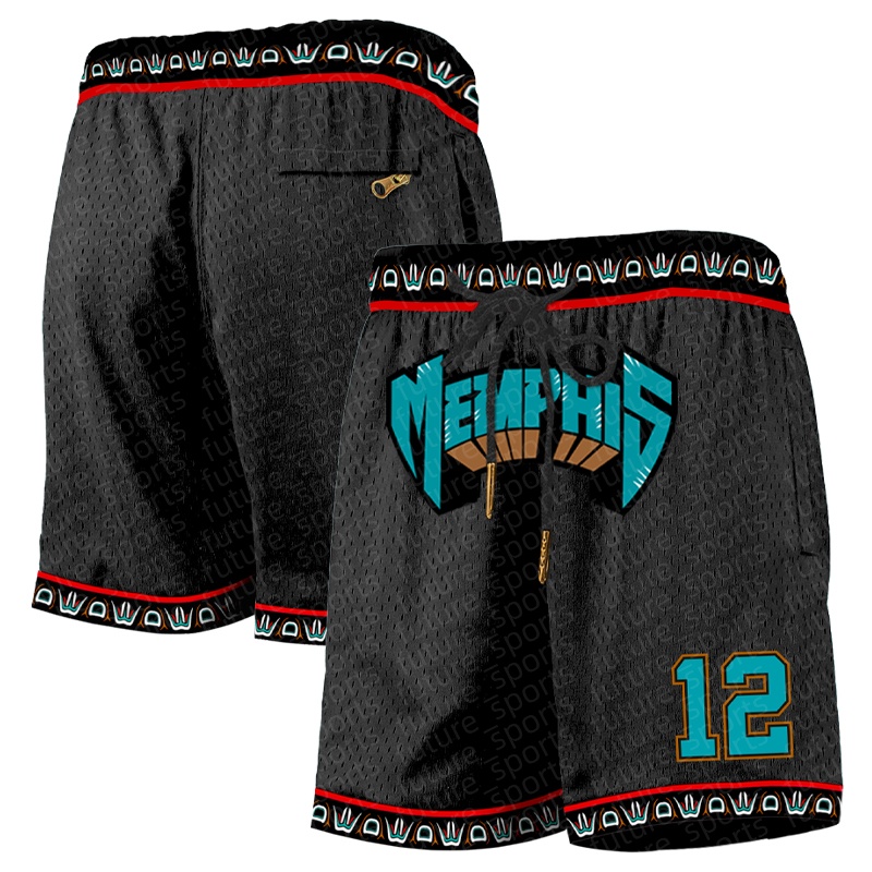 Black men's 12 casual basketball pocket zipper shorts, classic retro MEMPHIS embroidered shorts, breathable and fashionable casual sports basketb