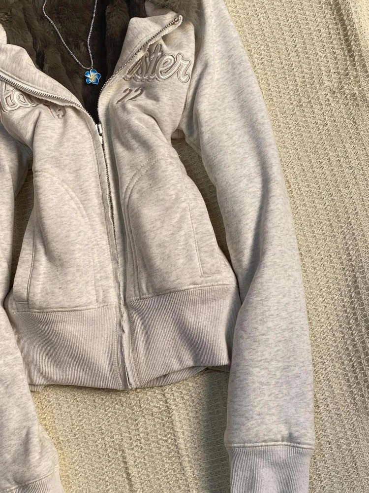 Y2k Aesthetic Vintage Fur Patchwork Hoodies Autumn Grunge Letter Embroidery Hoody Streetwear Cropped Zipper Sweatshirt Jackets 251212