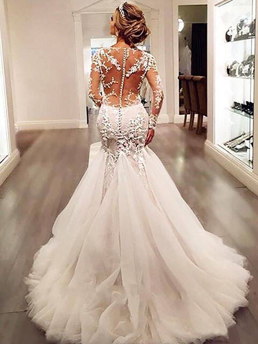 2026 Vintage Mermaid Dresses Long Sleeves Lace Appliques Beaded Wedding Sweep Train Jewel Bridal Gowns D18