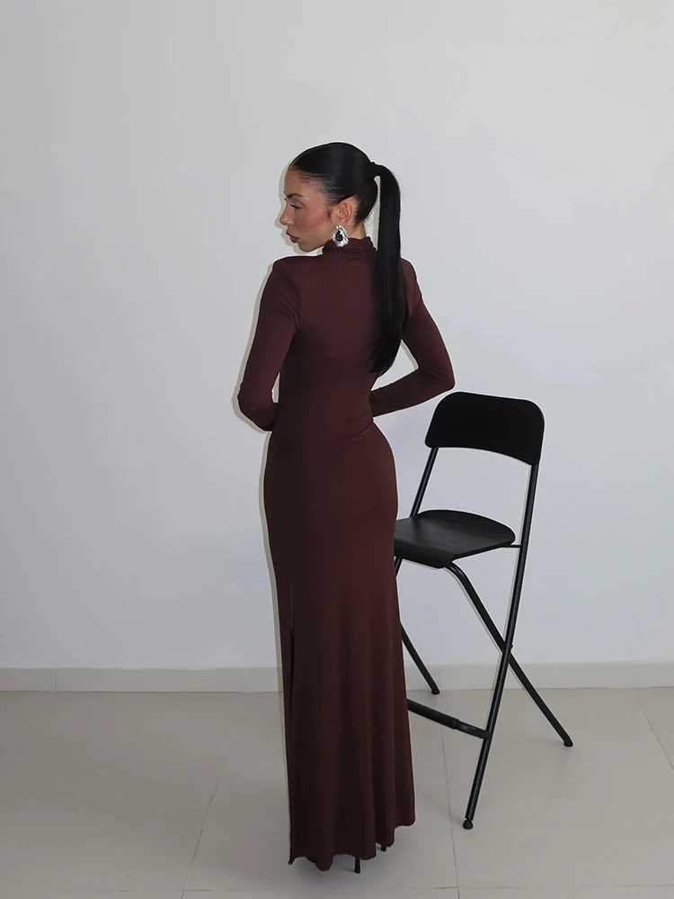 Huhugirl Sexy Sheath Womens Maxi Dresses Solid Turtleneck Regular Long Sleeves Hollow Out Slim Fit Bodycon Party Vestidos Robes M260311