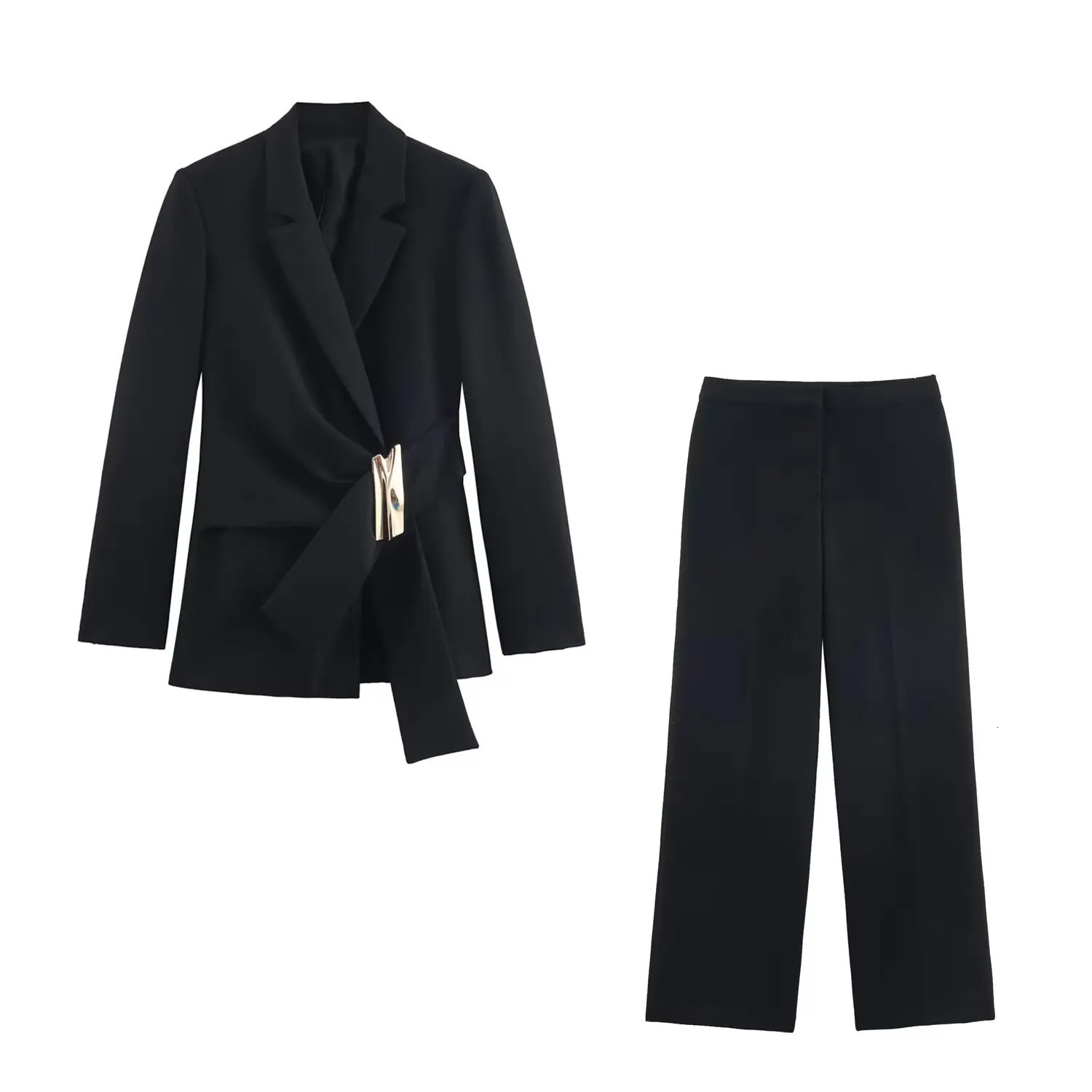 Two Piece Pants Set Womens Buttoned Blazer Autumn Fashion Lapel Long-Sleeve Jacket High-Waist Straight-Leg Trousers 251204