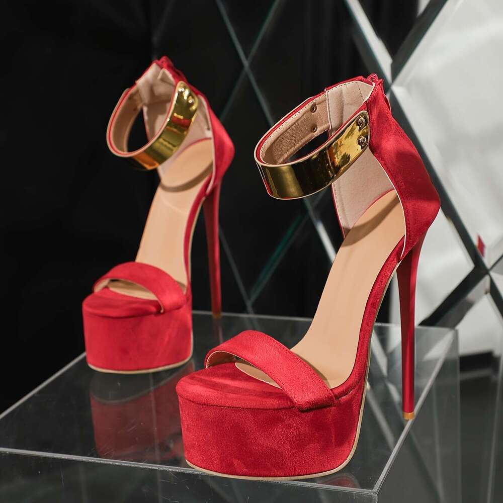 Golden Glitter High Heel Pumps - Women's Fashion Stiletto Open Toe Platform Sandals With Ankle Strap