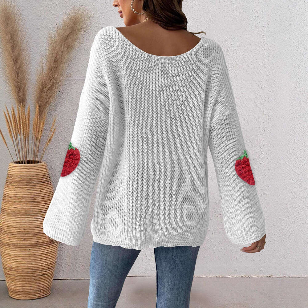 Designer Women's Pullover Cross-Border European And American Fashion Strawberry 3D Patchwork Loose Off-Shoulder Bell Sleeve Sweater 358d 56d8