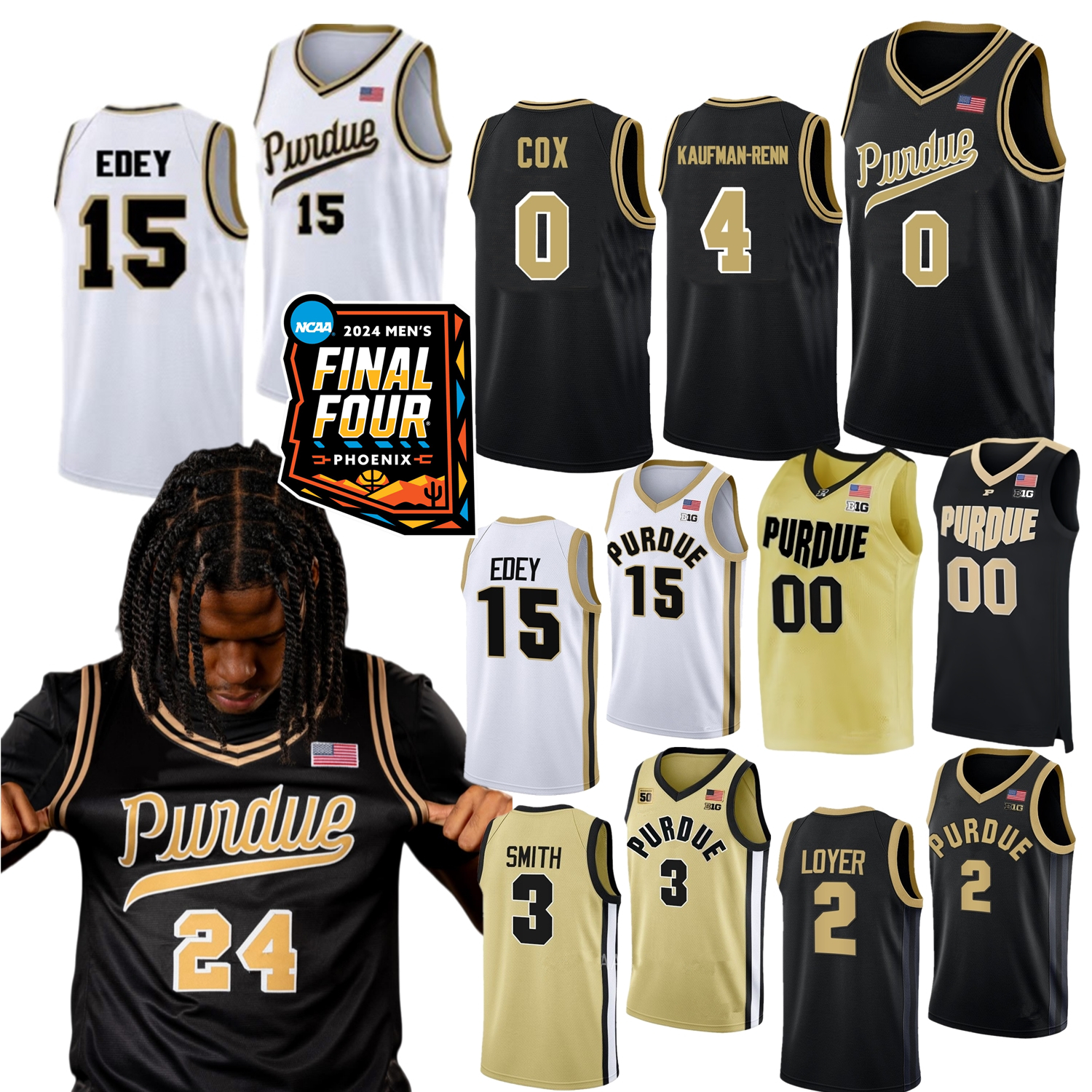 2024 Final Four 4 Patch Purdue Boilermakers Basketball Jersey College Fletcher Loyer Braden Smith Oscar Cluff Jack Benter Zach Edey Liam Murphy C.J. Cox Jacobsen Youth
