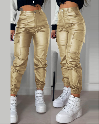 2024 Spring Summer Womens Fashion Motorcycle Zipper Ruched Pocket Sexy PU Casual Patch Pocket Slim Fit Long Pants 240910