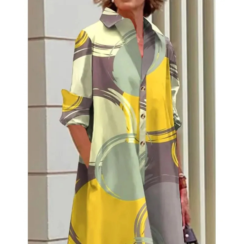 Fashionable Color Printed Blouse Dress Long Sleeved Flip Tie Button Up Shirt Sleeve Pocket Midi Spring Dress 2025 Product 251213