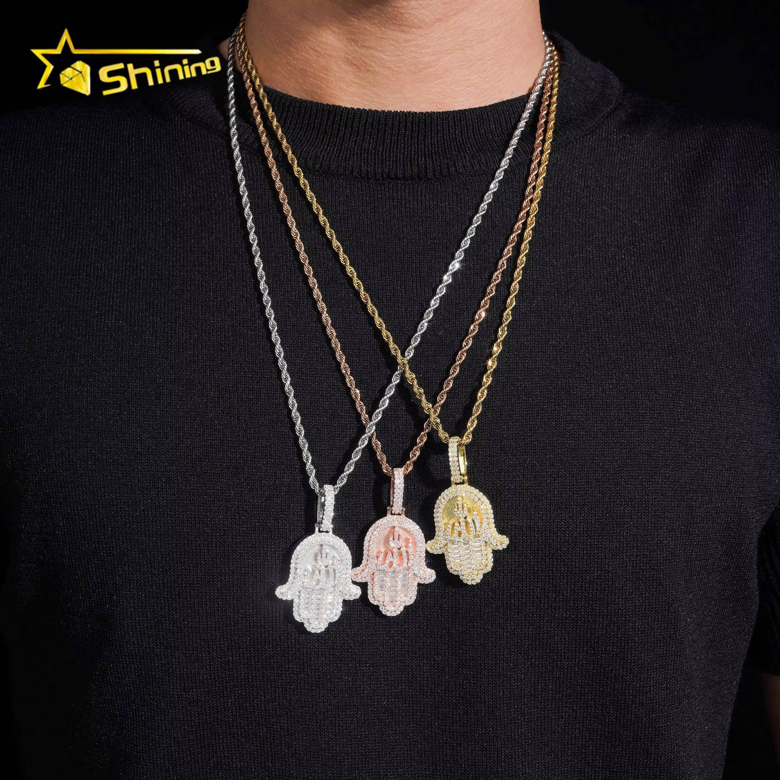 Hot Selling Hip Hop Rapper Style 925 Silver Rose Gold Hamsa Hand Iced Out VVS Moissanite Pendant