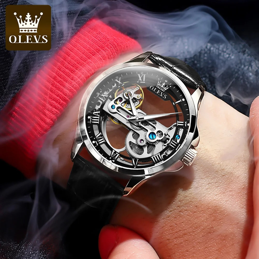 OLEVS 6661 Full Transparant Skelton Flywheel Automatic Mechanical Mens Watch Leather Strap Original Man Wristwatch 251217