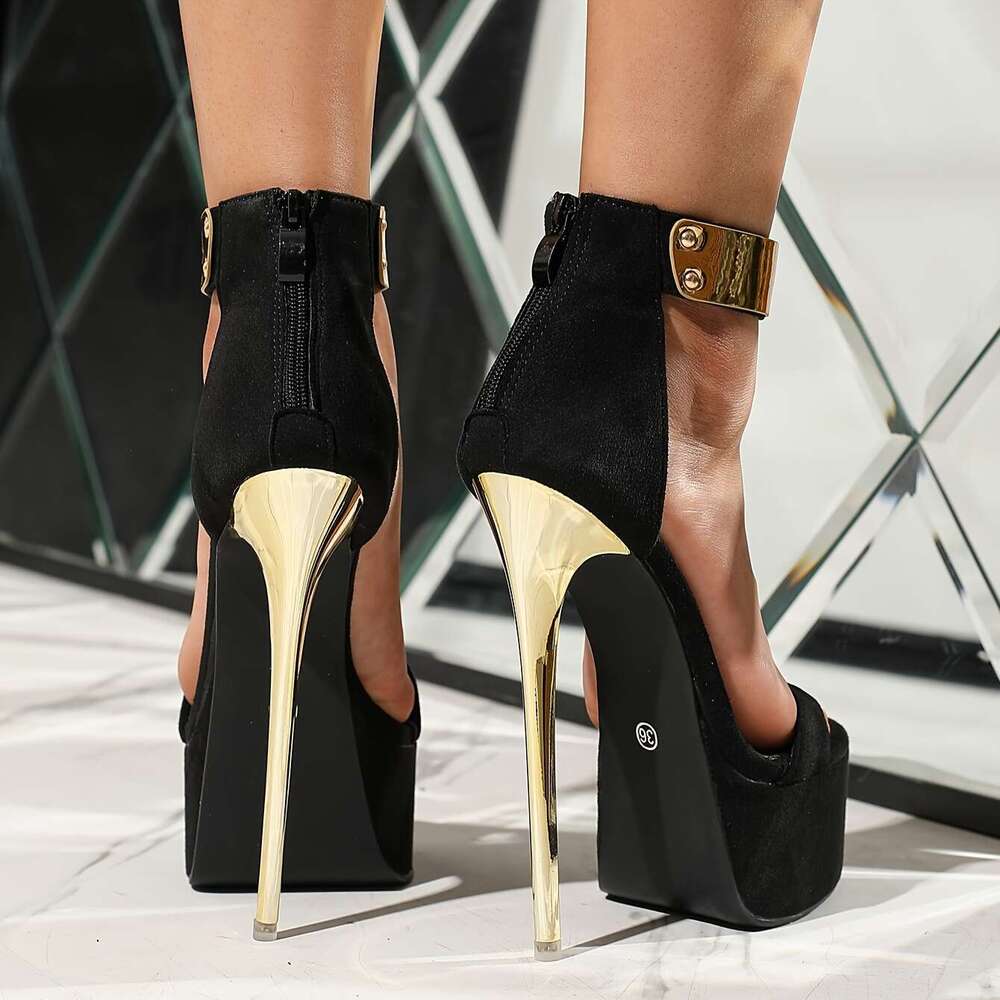 Golden Glitter High Heel Pumps - Women's Fashion Stiletto Open Toe Platform Sandals With Ankle Strap