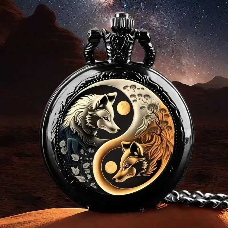 Colorful pattern pocket watch retro flip cover decorative necklace watch trendy and unique for both men and women student quartz watchXJ241219