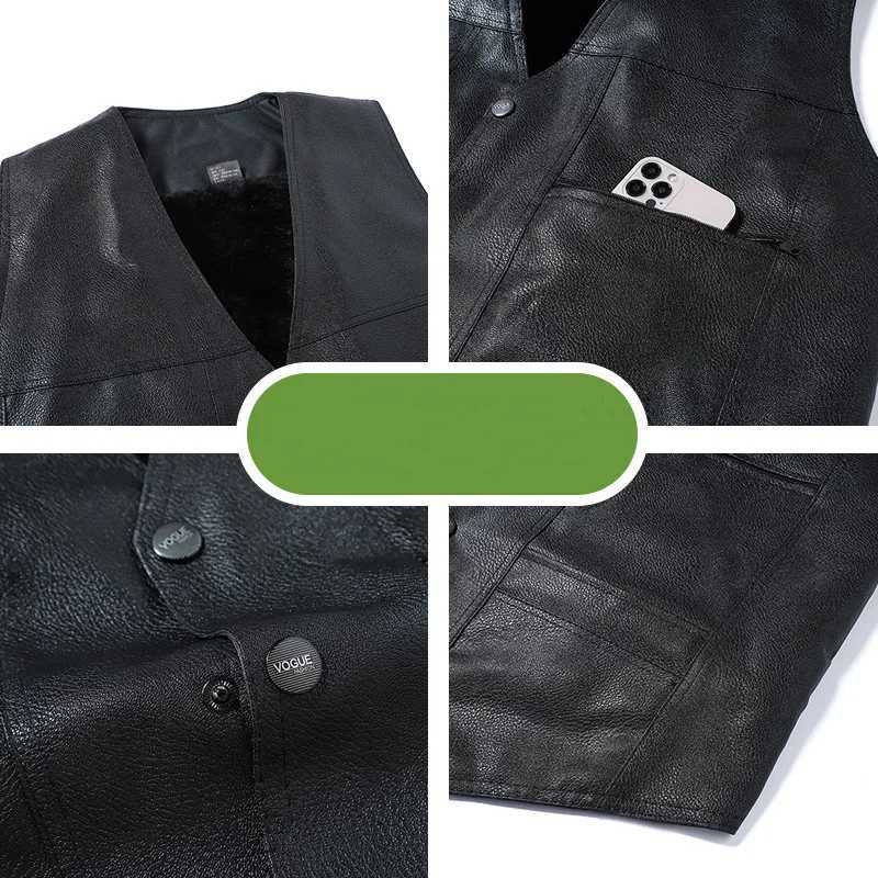 2025 Men Leather Vest Autumn Winter Simple Solid Color Round Neck Male Waistcoat Single-breasted Sleeveless Man Plush CoatG251218