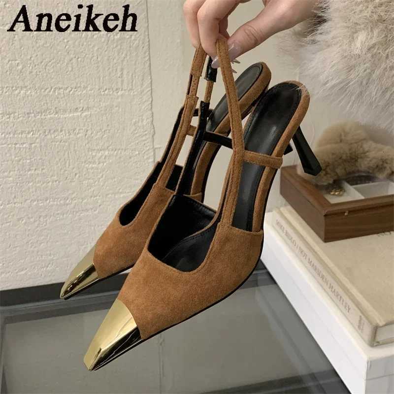 Aneikeh Street Style Sexy Pointed Toe Slingbacks Pumps Women Stripper Sandals High Heels Female Banquet Shoes Brown Kitten Heels Z251218