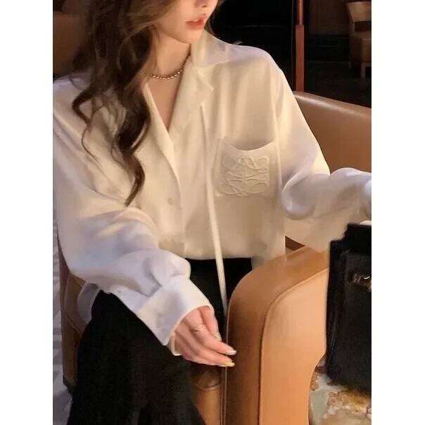 Spring Summer Women's New Glossy Thousand Needle Design Black White Slim Fit Button Up Pure Color Full Sleeve Shirt