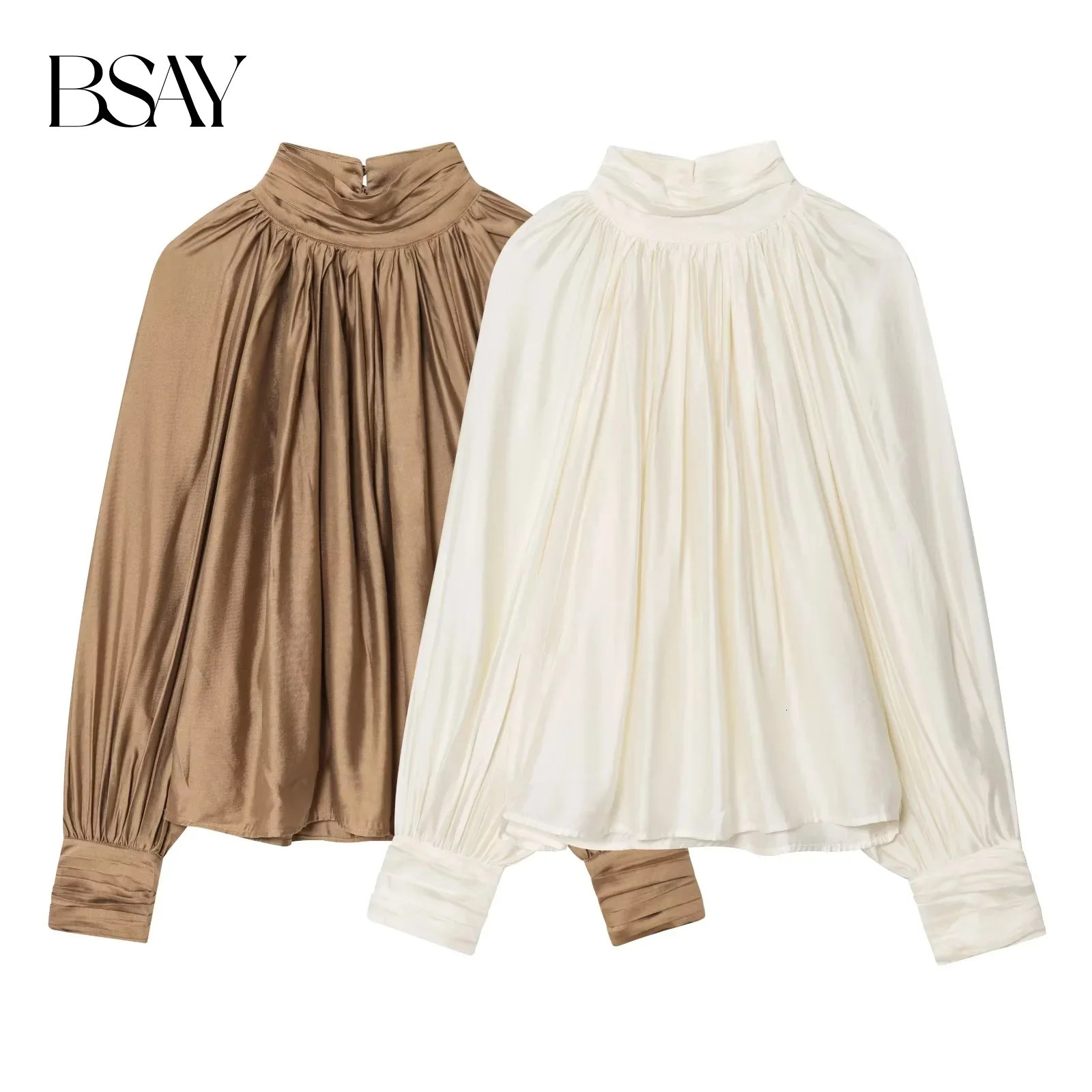 Bsay Womens Clothing Fashion Autumn Fold Stand Collar Shirts Loose Long Sleeved Blouses Pullover Chic Office Ladies Tops 251217