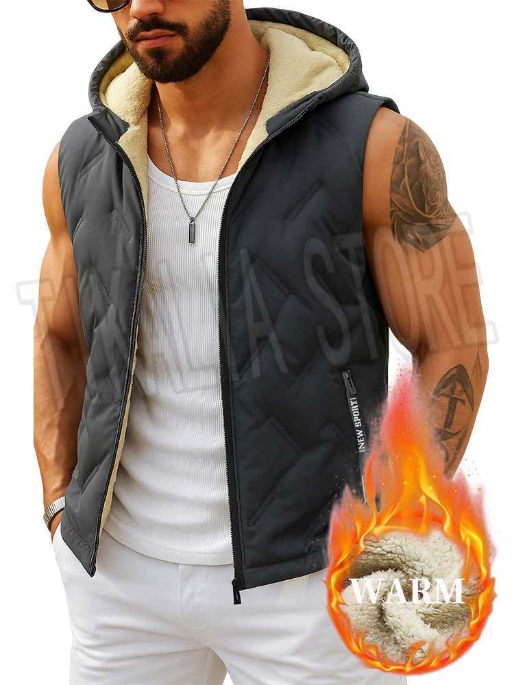 Mens Hooded Vest Fleece Lined Warm Winter Sleeveless Jacket Cotton Padded Zip Up Waistcoat Casual Outerwear for Cold WeatherG251218