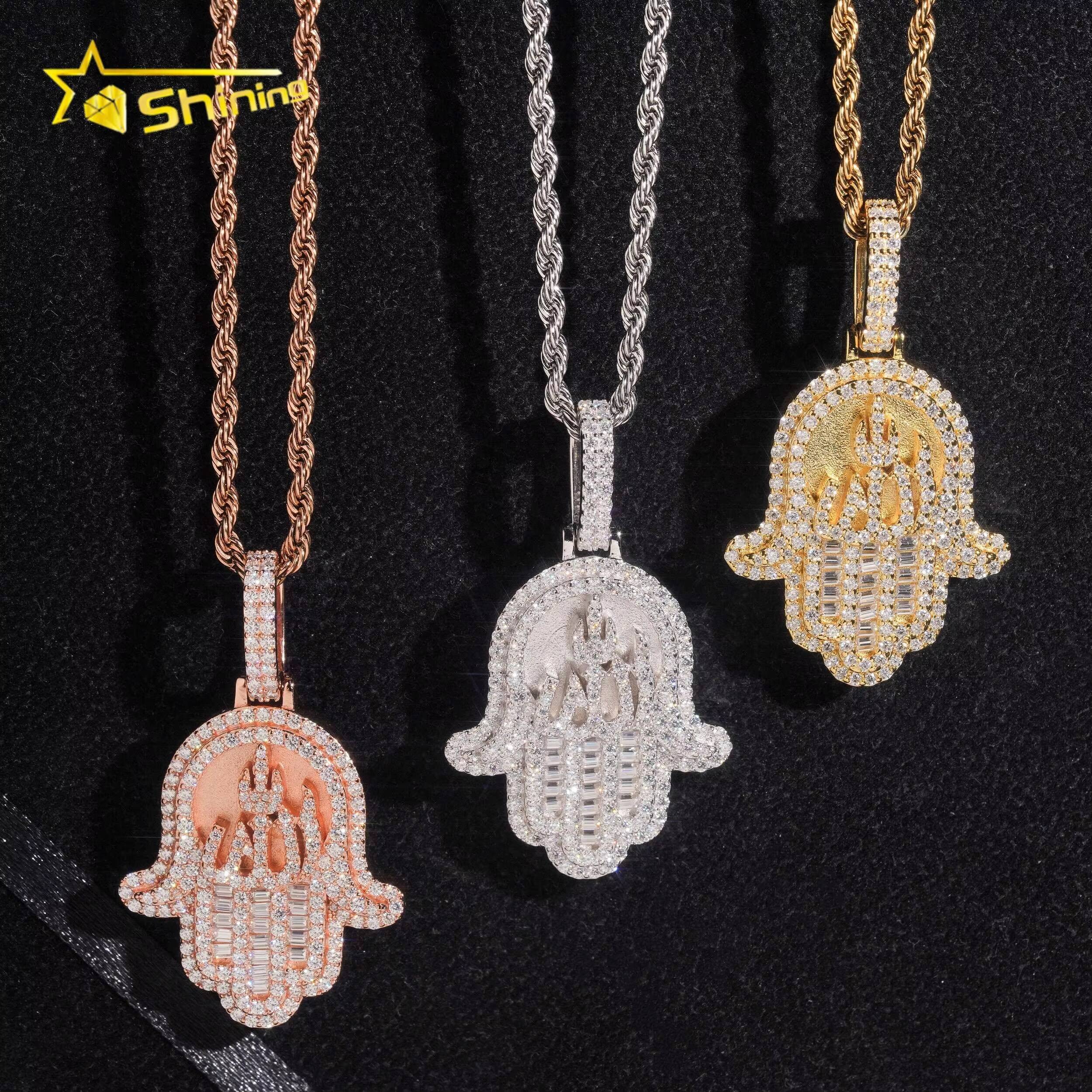 Hot Selling Hip Hop Rapper Style 925 Silver Rose Gold Hamsa Hand Iced Out VVS Moissanite Pendant