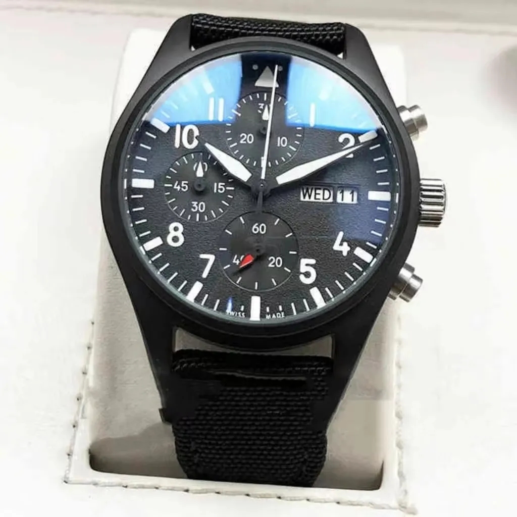 New Luxury Watch Men's Quartz Watch Fighter 3777 Pilot Top Gun Timing Six Needles Luminous Men's Woolen Belt Designer IW