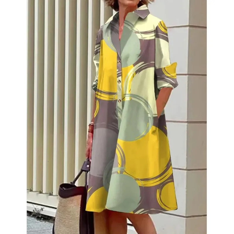 Fashionable Color Printed Blouse Dress Long Sleeved Flip Tie Button Up Shirt Sleeve Pocket Midi Spring Dress 2025 Product 251213