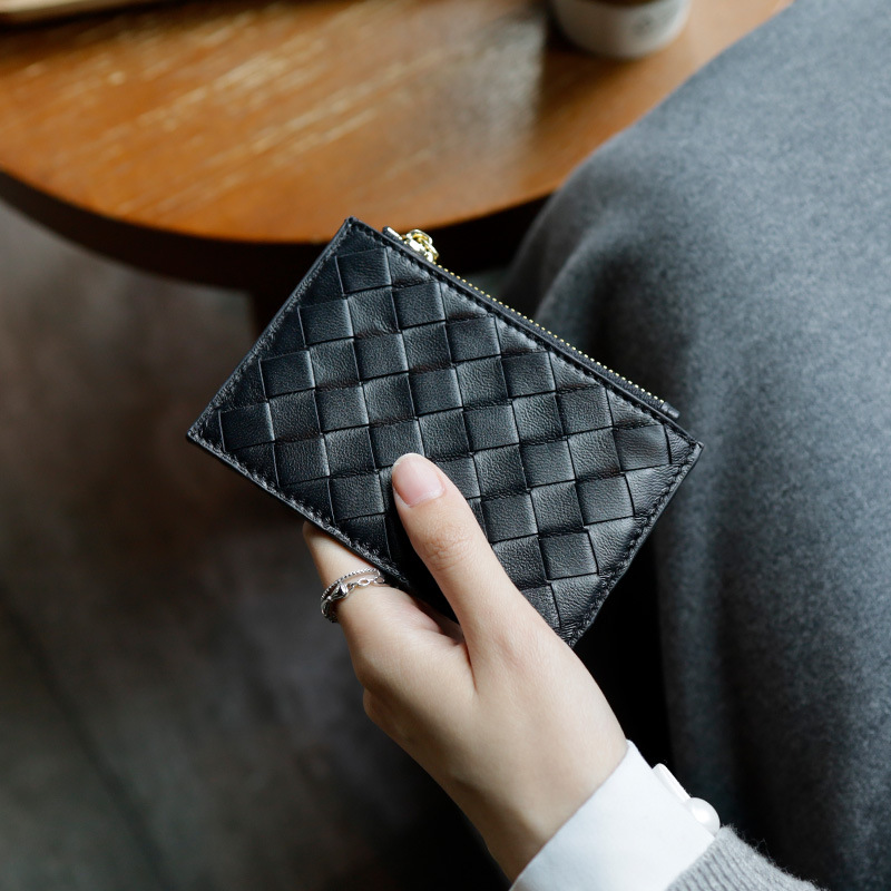 2025 style handmade sheepskin woven checkered card holder for women thin genuine leather coin purse integrated bag
