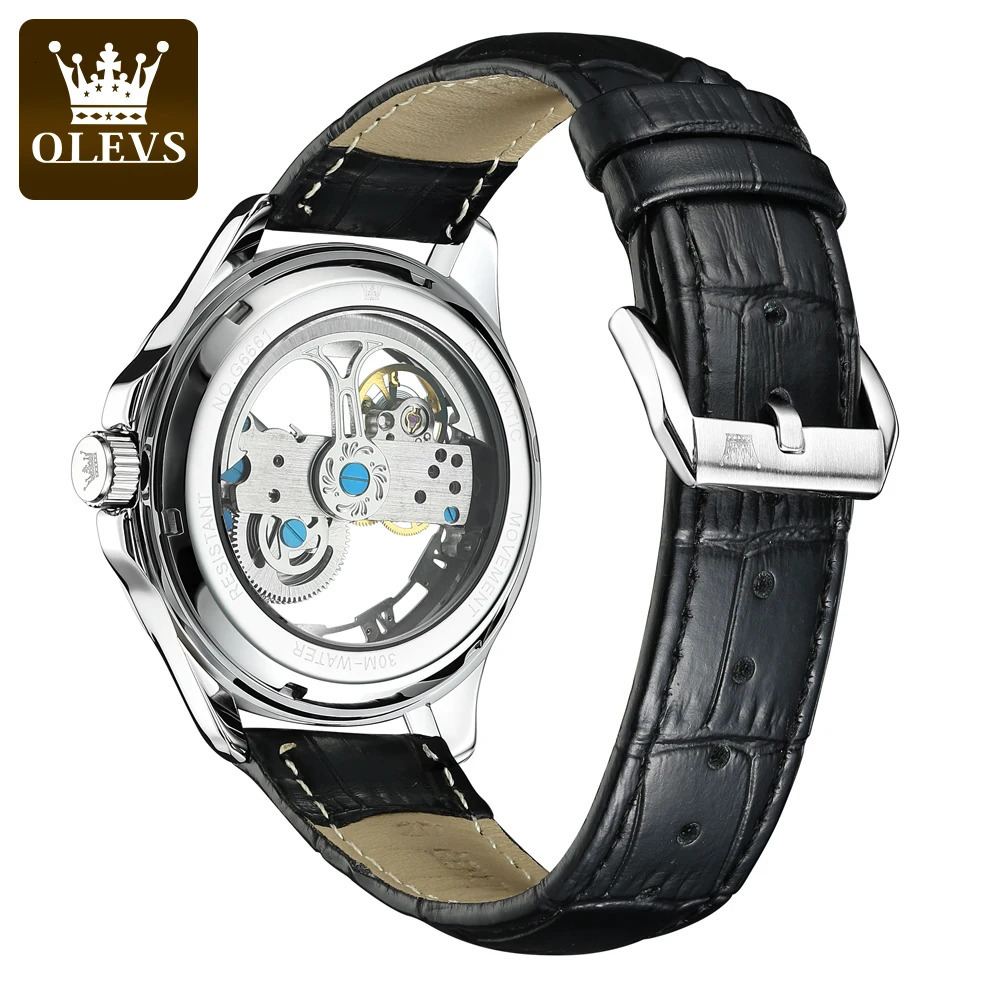 OLEVS 6661 Full Transparant Skelton Flywheel Automatic Mechanical Mens Watch Leather Strap Original Man Wristwatch 251217