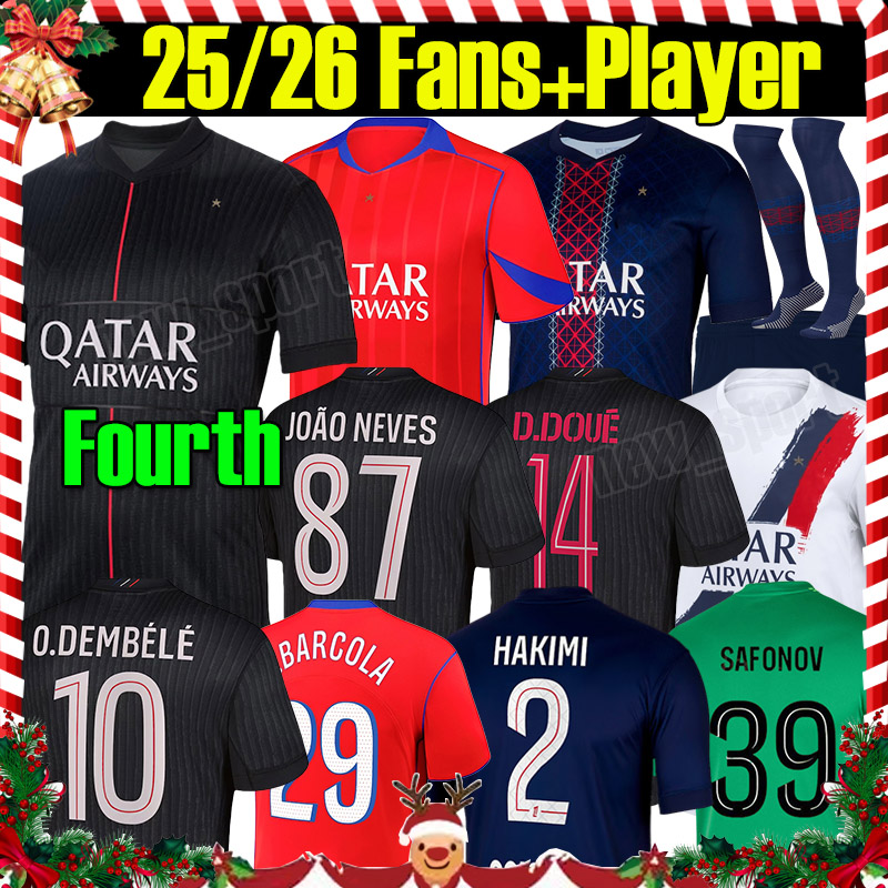 4XL 25/26 BARCOLA O.DEMBELE soccer jerseys HAKIMI D.DOUE KVARATSKHELIA JOAO NEVES Fans player Version MARQUINHOS 2025 2026 Men Kids kit socks Football Shirts