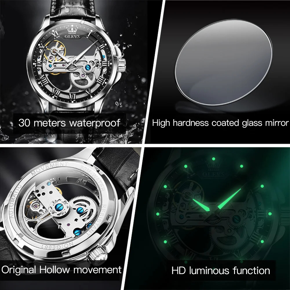 OLEVS 6661 Full Transparant Skelton Flywheel Automatic Mechanical Mens Watch Leather Strap Original Man Wristwatch 251217