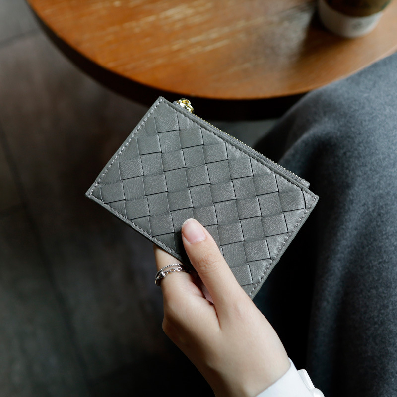 2025 style handmade sheepskin woven checkered card holder for women thin genuine leather coin purse integrated bag