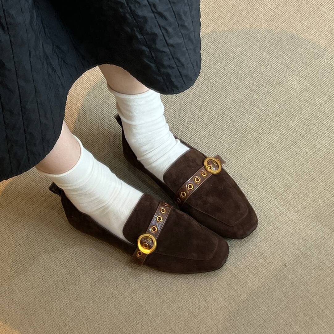 Free Shipping 2026 Designer New Women Elegant Suede Loafers Fashion Versatile Comfort Square Toe Dress Shoes Black Brown