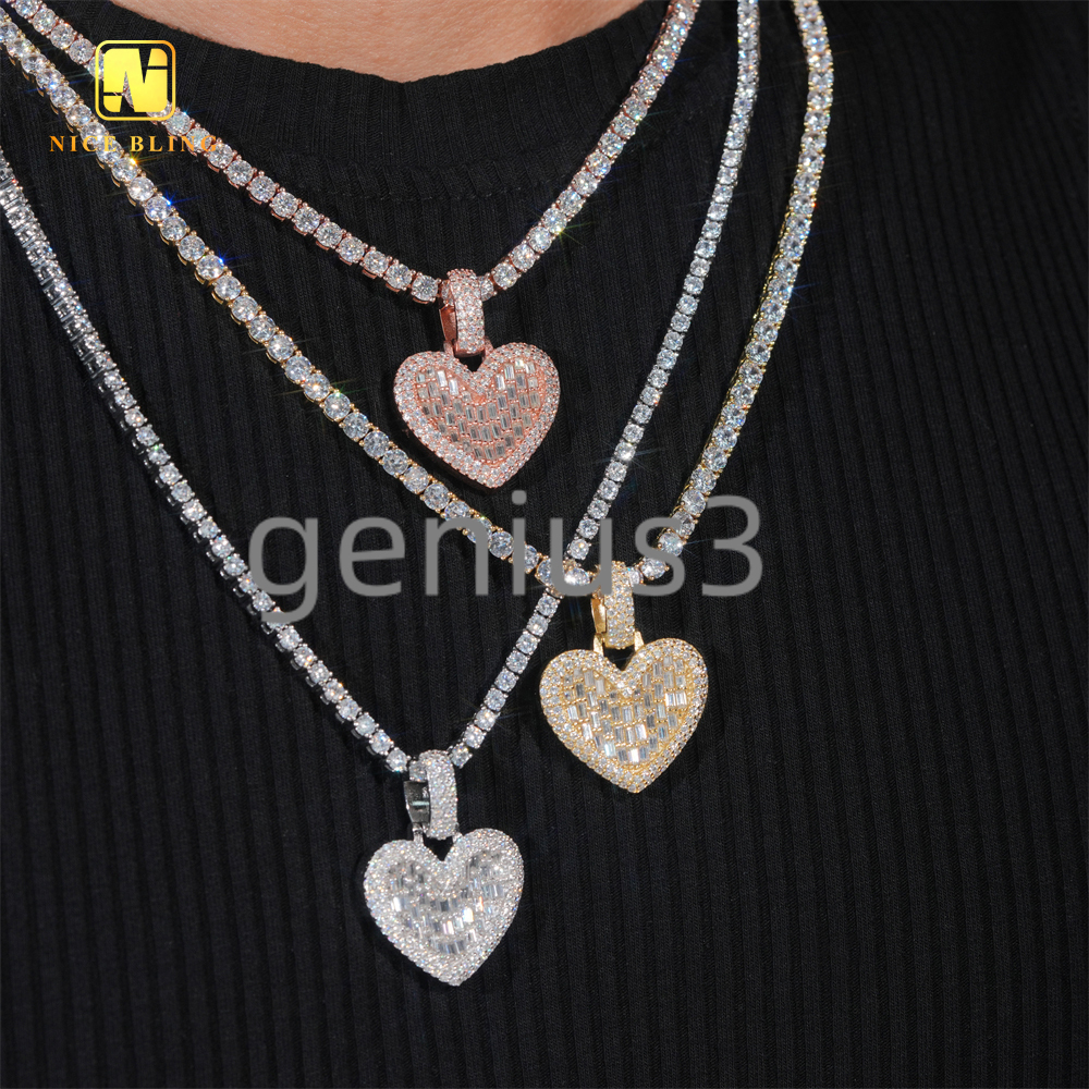 Ready to Ship Valentines Day Gift Heart Pendant Moissanite Pendant Baguette Pass Diamond Tester Hip Hop Iced Out Pendant