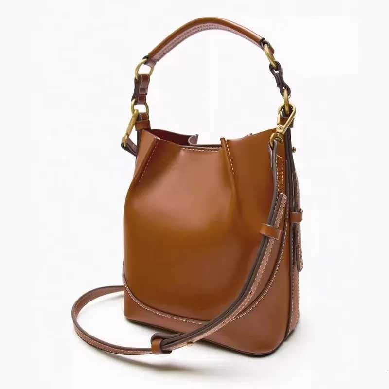 Fashion New Womens Bag Brown Korean Style Drawstring Portable Crossbody Wide Drawstring Bucket BagT251218