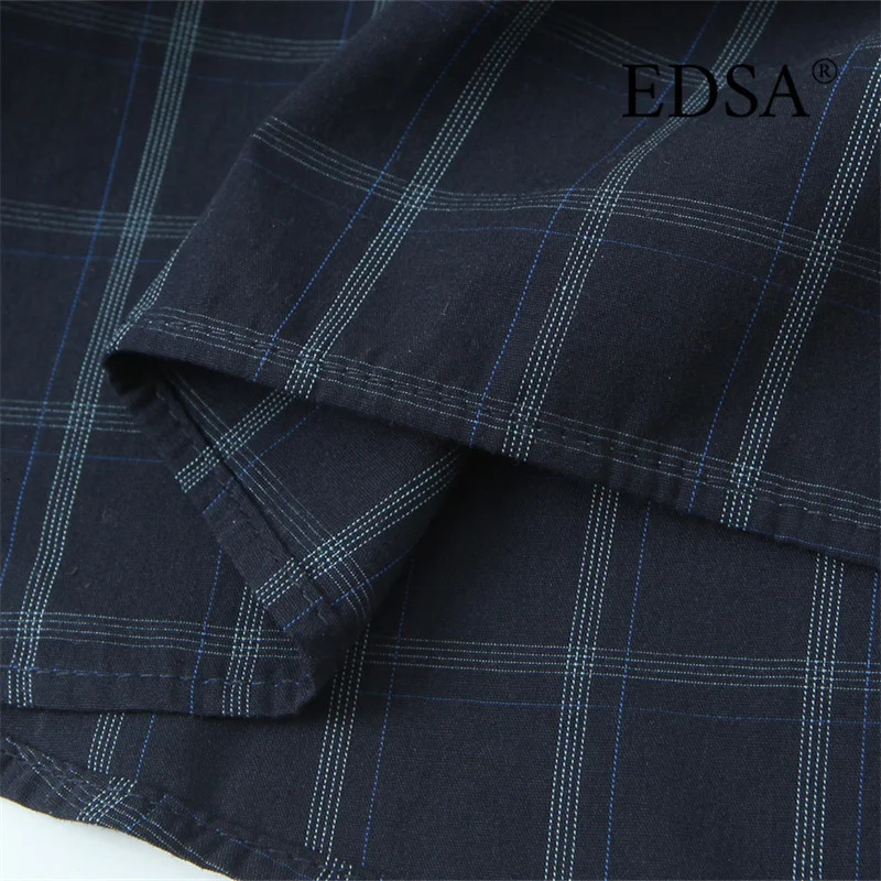 EDSA Women Navy Blue Plaid Shirt with Pocket Square for Office Lady Single Breasted AllMatch Tops 251217