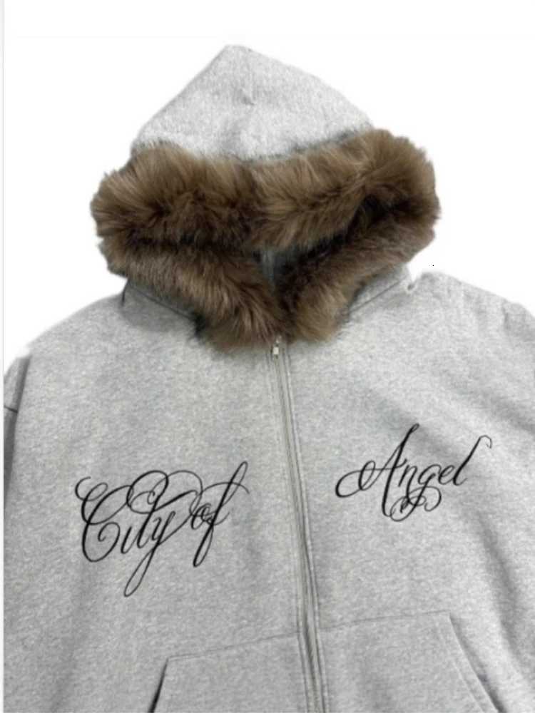 style winter strt fashion trend wool collar printed letter zipper cardigan sweatshirt long slved hooded sweatshirt Y2K X251218 - view 5