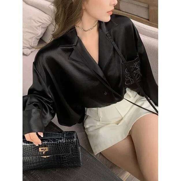Spring Summer Women's New Glossy Thousand Needle Design Black White Slim Fit Button Up Pure Color Full Sleeve Shirt
