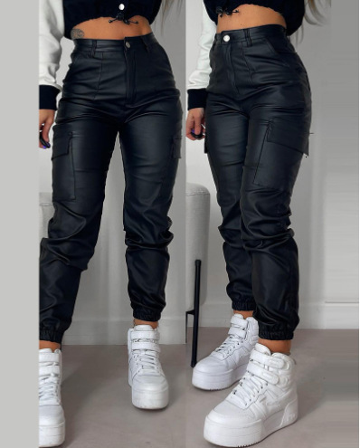 2024 Spring Summer Womens Fashion Motorcycle Zipper Ruched Pocket Sexy PU Casual Patch Pocket Slim Fit Long Pants 240910