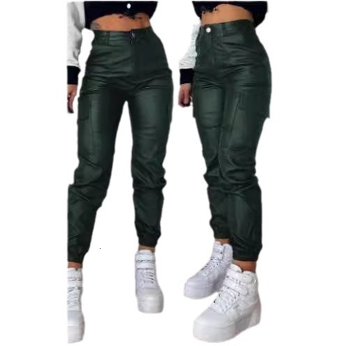 2024 Spring Summer Womens Fashion Motorcycle Zipper Ruched Pocket Sexy PU Casual Patch Pocket Slim Fit Long Pants 240910
