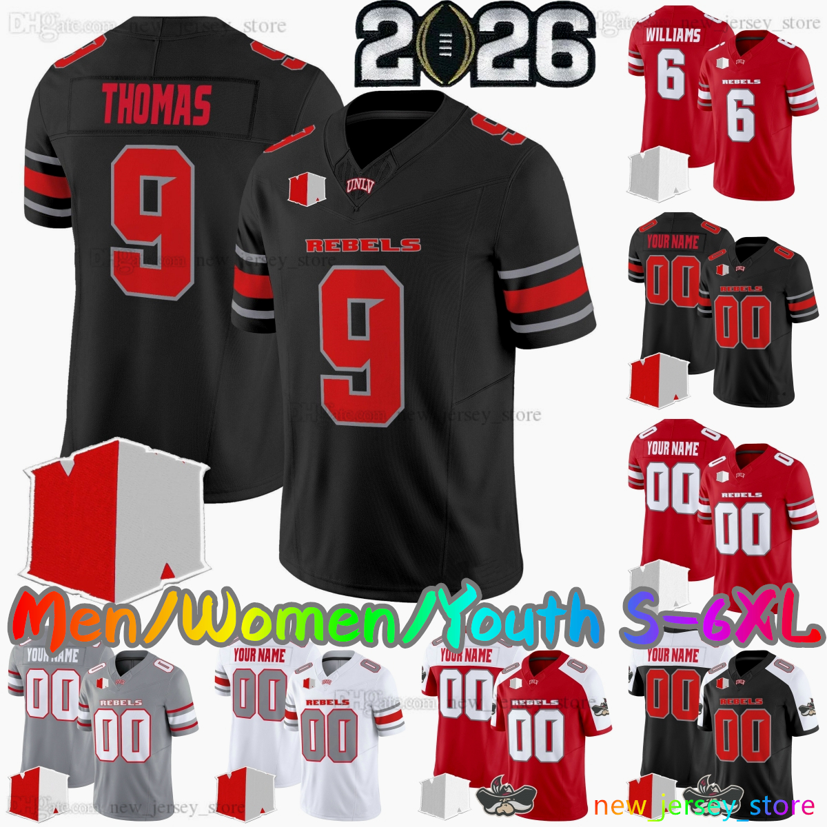 2026 Custom S-6XL UNLV Rebels College Football Jersey 10 Anthony Colandrea 9 JaiDen Thomas 6 Jaden Bradley 8 Marsel McDuffie 9 Aamaris Brown Alex Orji Stitched Jerseys