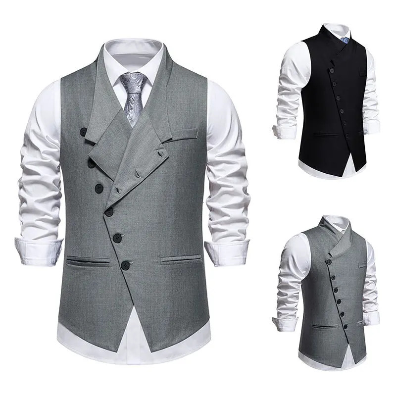 Spring Autumn Fashion Mens Grey Balck Single Breasted Suit Coat Diagonal Placket Solid Color Vest Male Slim Waistcoat 251203