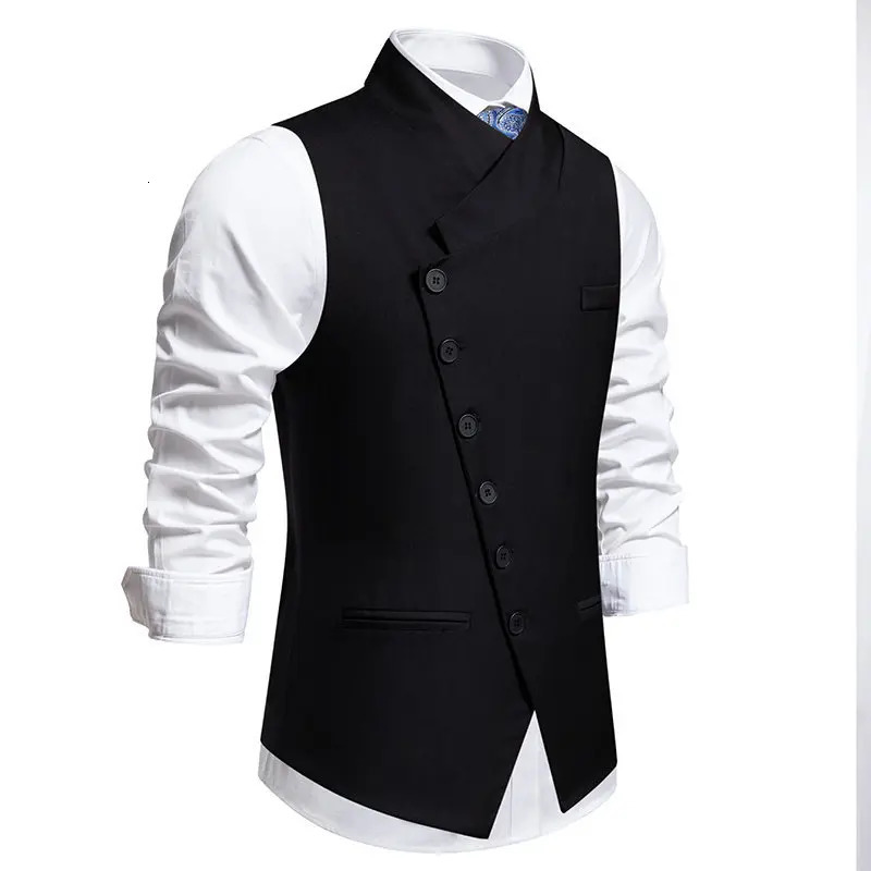 Spring Autumn Fashion Mens Grey Balck Single Breasted Suit Coat Diagonal Placket Solid Color Vest Male Slim Waistcoat 251203