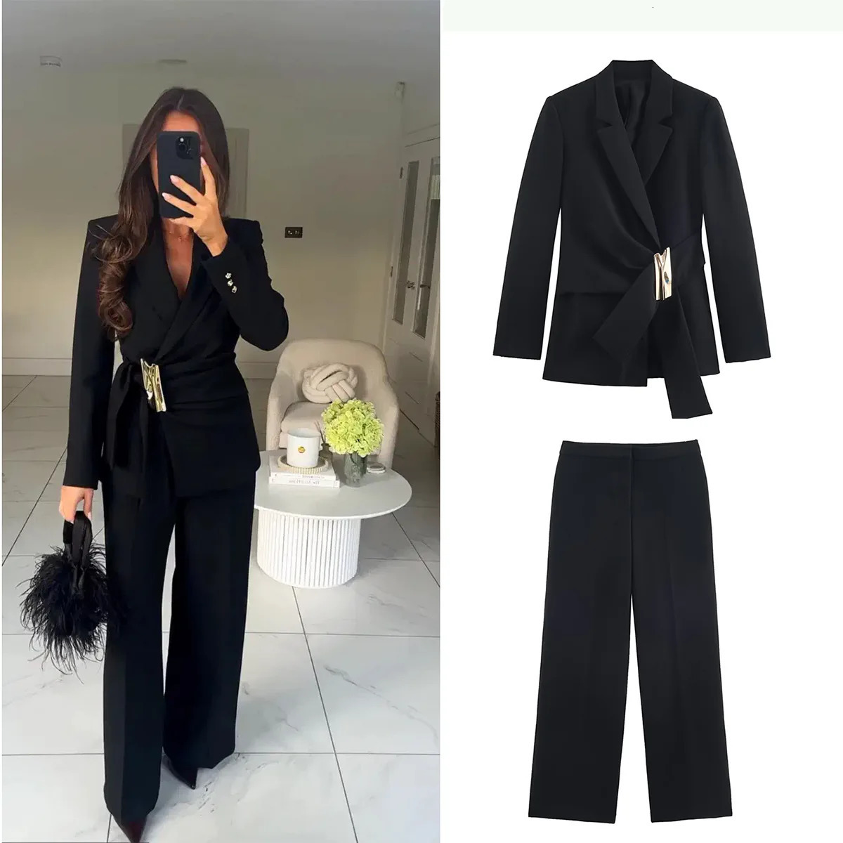 Two Piece Pants Set Womens Buttoned Blazer Autumn Fashion Lapel Long-Sleeve Jacket High-Waist Straight-Leg Trousers 251204