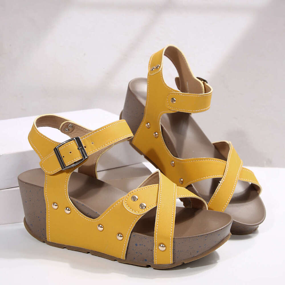 designer shoes Summer New European and American Style Platform Thick-Soled Wedge for Women with Velcro Large Size Studded Flat Peep-Toe Sandals