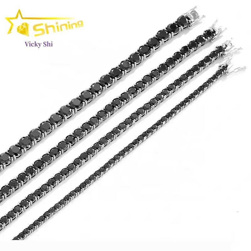 GRA Certificated 3mm 4mm 5mm Black Moissanite Tennis Chain Pass Diamond Tester Men Women Fashion 925 Silver Necklace