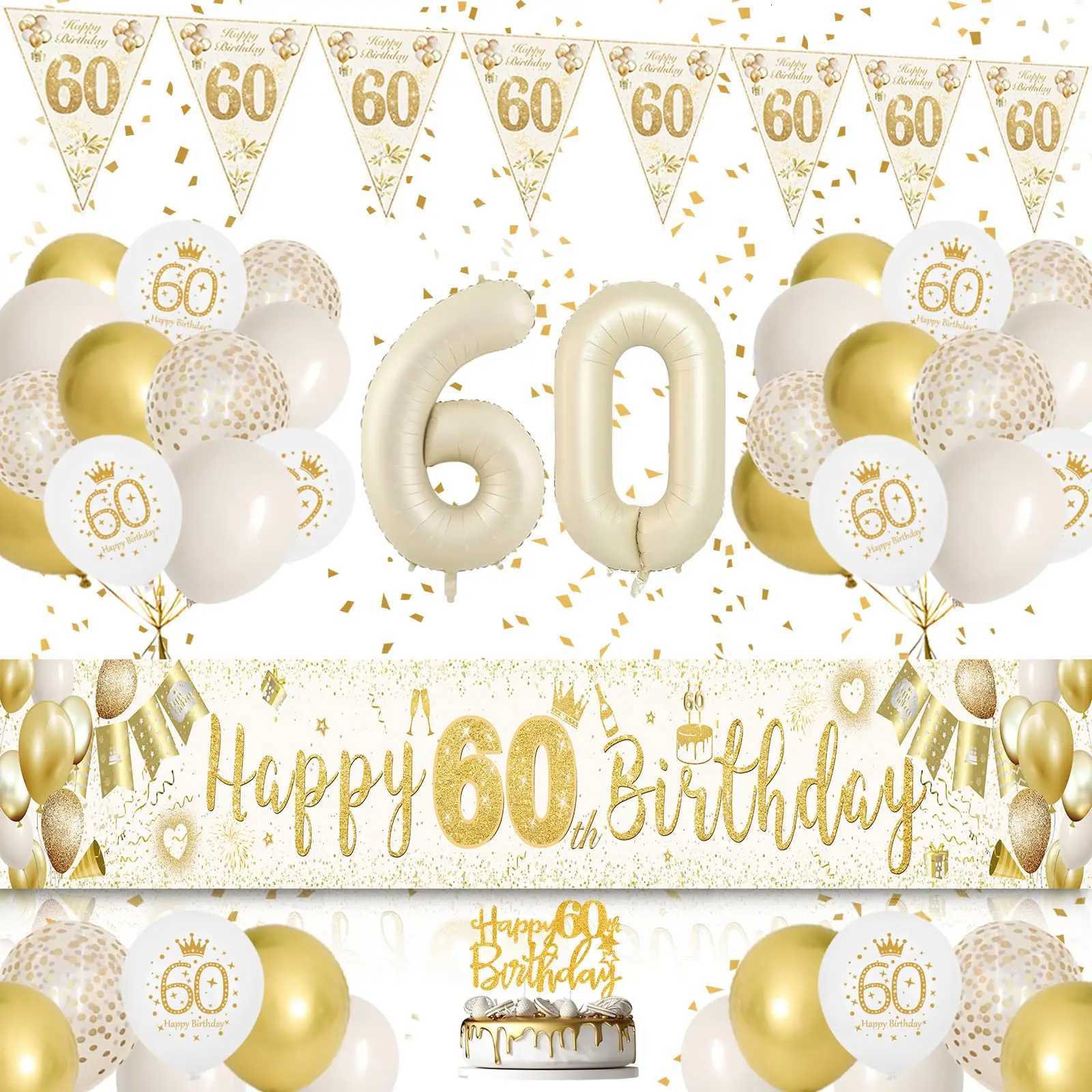 60th Birthday Decorations for Women Men 60th Birthday Decoration Kit with Sand White Gold Happy 60th Birthday Banner White Gold X251218