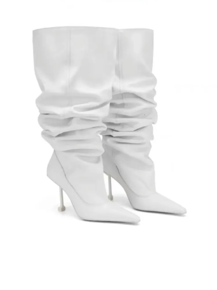 Autumn and Winter Slim Fit High Heels Knee High Pleated Womens Boots Fashionable Pointed Sleeves Womens Mid Length Boots 251217