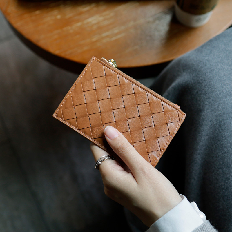 2025 style handmade sheepskin woven checkered card holder for women thin genuine leather coin purse integrated bag