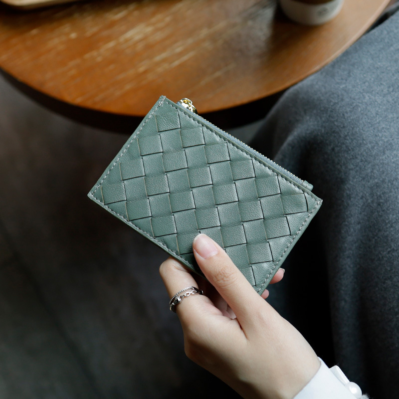 2025 style handmade sheepskin woven checkered card holder for women thin genuine leather coin purse integrated bag