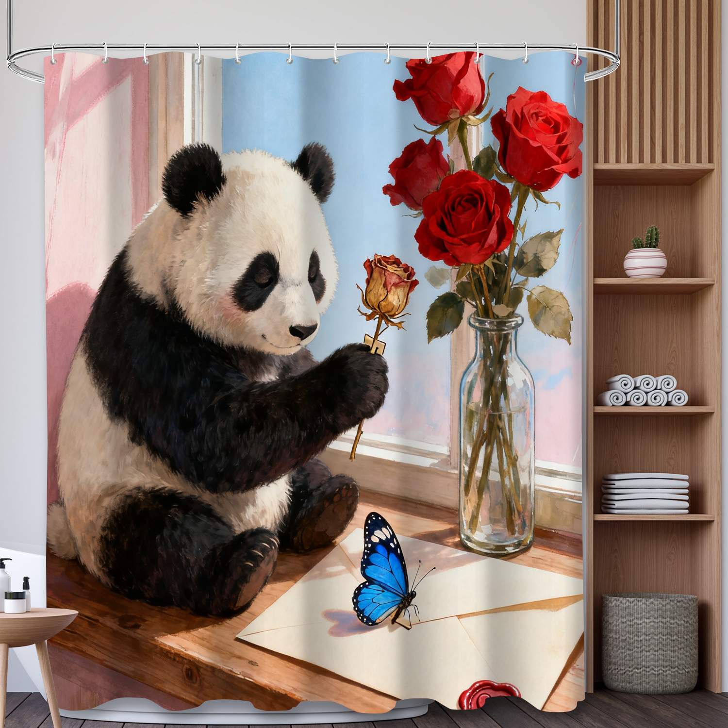 YL-37985 Cute Animal Shower Curtain for Valentine's Day, 3D Digital Printed Polyester Shower Curtain, No Need for Drilling