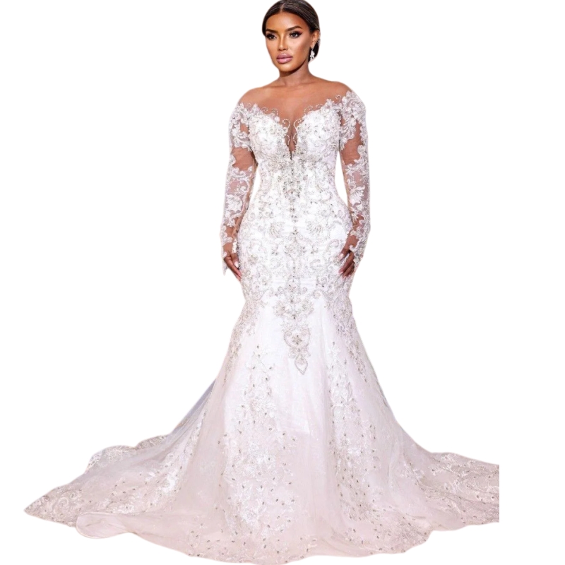 Luxurious Mermaid Wedding Dresses Beaded Lace Appliques Long Sleeves African Arabic Bridal Gowns Court Train Ivory Backless Bride Dress
